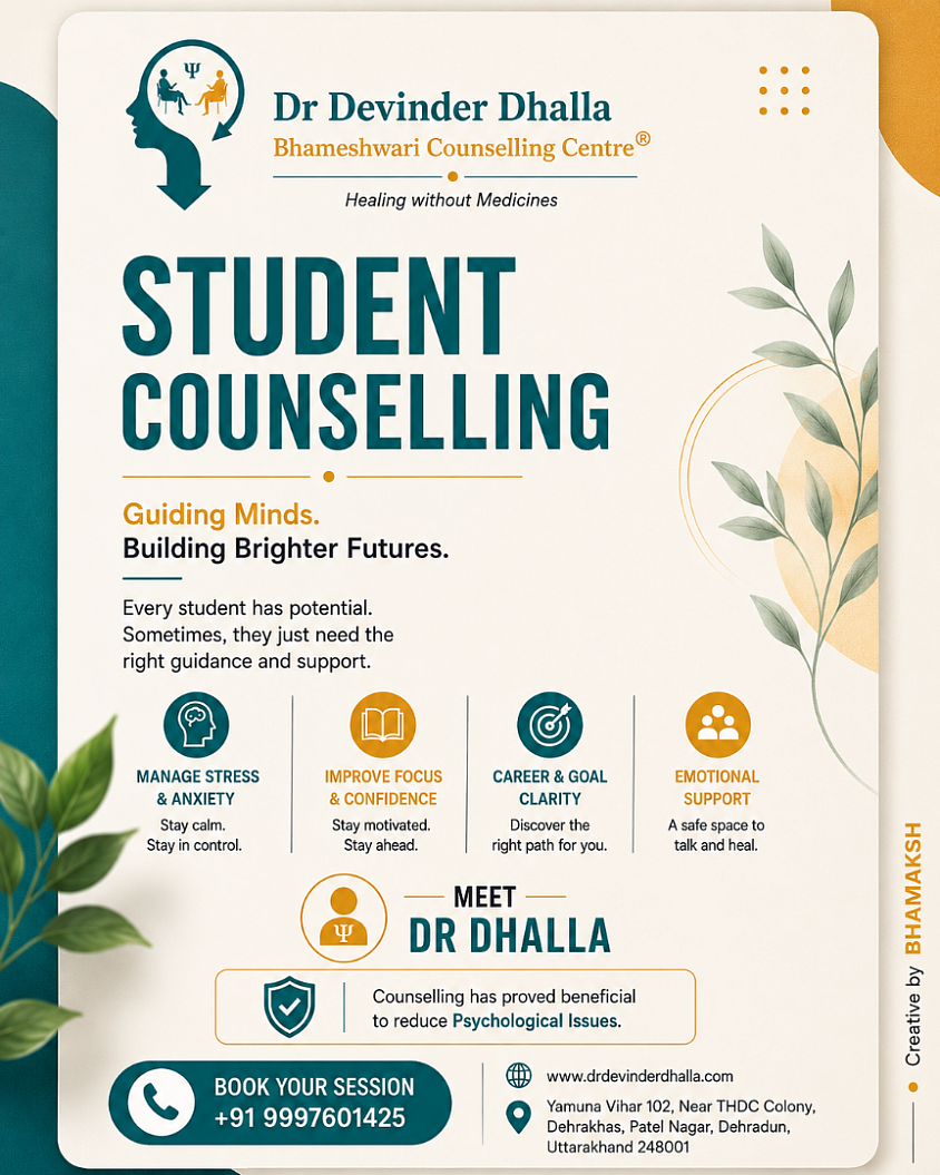 At Bhameshwari Counselling Centre (https://www.drdevinderdhalla.com), we are committed to promoting emotional wellness, psychological healing, and holistic mental health support through ethical, evidence-based counselling practices. Founded by Dr. Devinder Dhalla, the centre provides counselling, psychotherapy, special education guidance, internships, and mental health awareness initiatives for students, families, educators, and individuals from all walks of life.  Recognized with ISO certifications and MSME registration, Bhameshwari Counselling Centre® continues to work towards accessible, compassionate, and result-oriented mental healthcare with the vision of “Healing without Medicines.”  #BhameshwariCounsellingCentre #DrDevinderDhalla #MentalHealthSupport #CounsellingPsychology #HealingWithoutMedicines #EmotionalWellness #TherapySupport #MentalHealthAwareness #PsychologicalCounselling #StudentCounselling #HolisticHealing #SpecialEducation #MindWellness #PsychologistIndia #BCCIndia